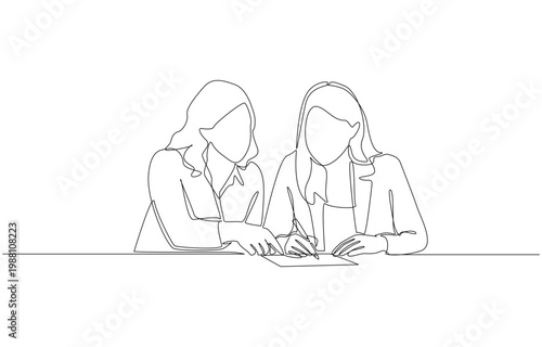 Continuous one line of two female colleagues discussing work plan, workplace collaboration and instruction concept, single line art