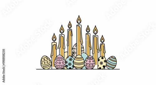 Candles and decorated eggs in a row