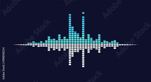 Digital equalizer bars with blue and white pixels on a dark background