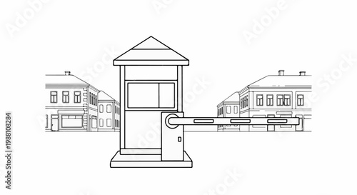 Entrance barrier booth on a street with houses