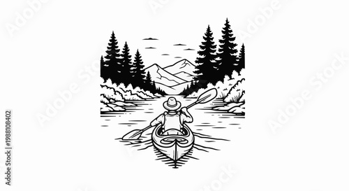 Person kayaks down a river surrounded by trees and mountains