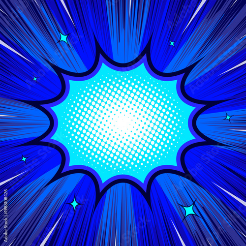 Blue comic pop art burst with halftone dots, speed lines, and blank speech frame for text. Vibrant retro background ideal for posters, ads, and comic layouts.