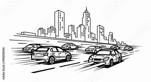 Sketchy cars rush along a highway with a city skyline in the background