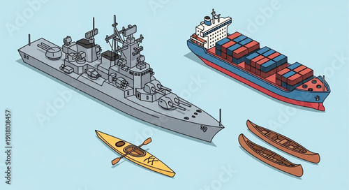 Various types of watercraft including a warship cargo ship and kayaks.