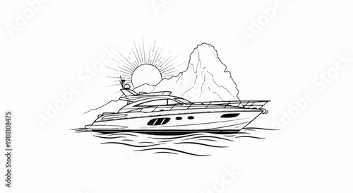 Sleek luxury vessel navigates sunlit ocean waters near dramatic mountain peaks