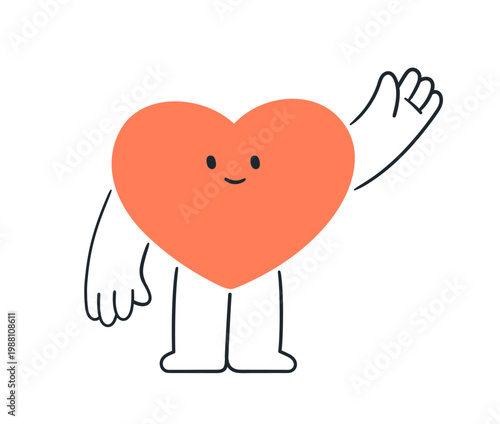 Cute friendly heart character waving with hand, greeting gesture. Adorable ha...