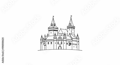 Detailed ink drawing of an old stone castle with multiple towers on a hill