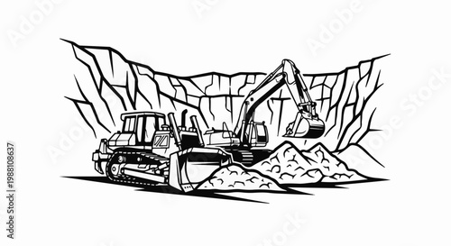 Two heavy construction machines digging and pushing dirt in a quarry