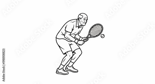 Elderly man playing tennis, mid-swing, focused on the ball