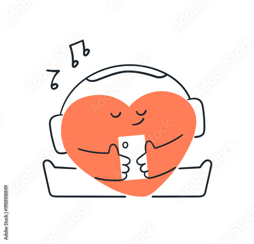Cute heart character listening to music. Funny love symbol, valentine relaxin...