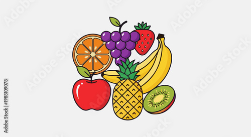 Assortment of colorful, cartoon-style fruits, including bananas, grapes, apple, orange, strawberry