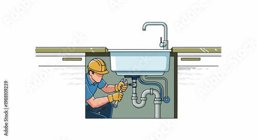 Plumber fixing pipes under a sink