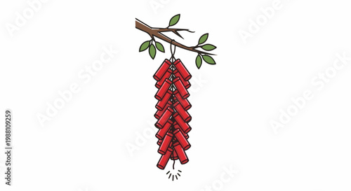 Red firecrackers strung together and hanging from a branch