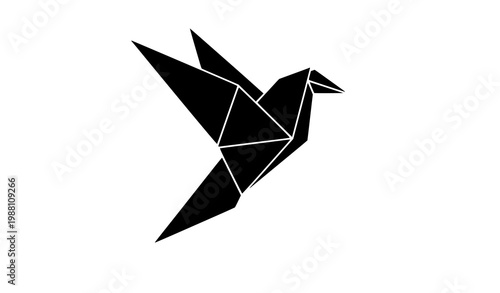Black origami bird silhouette vector with sharp geometric folds on white background