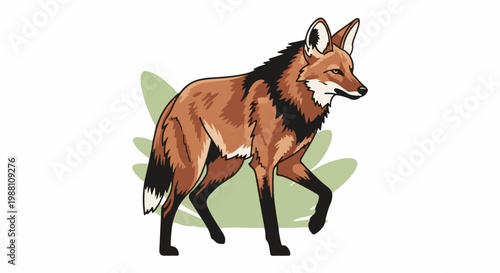 Stylized canine with reddish-brown fur and black accents walks right