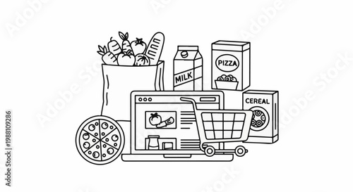 Online grocery shopping concept with cart, laptop, and food items