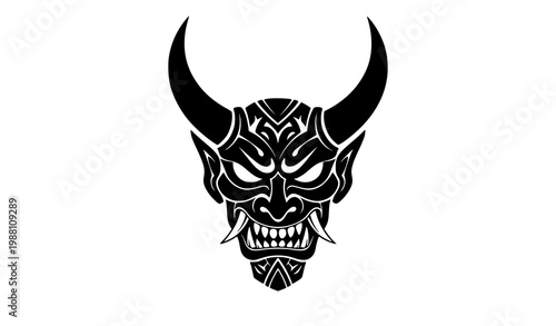 Black tribal demon mask silhouette vector with horns fierce face and bold graphic design