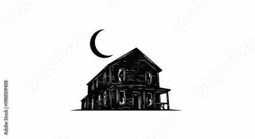 Silhouette of an old, dark, two-story house under a crescent moon