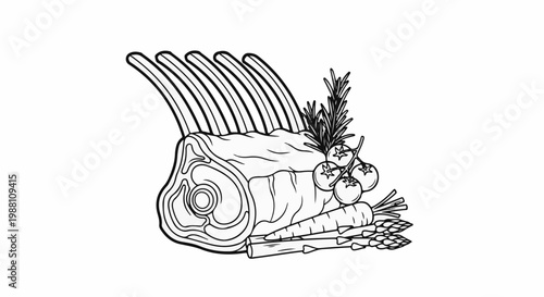 Raw meat rack with vegetables and herbs on a white background