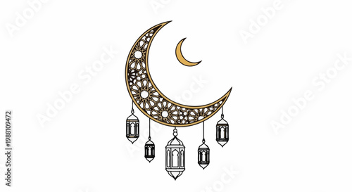 Ornate crescent moon with hanging lanterns and a smaller moon
