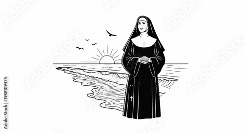 Nun on a beach at sunrise with birds flying over the ocean