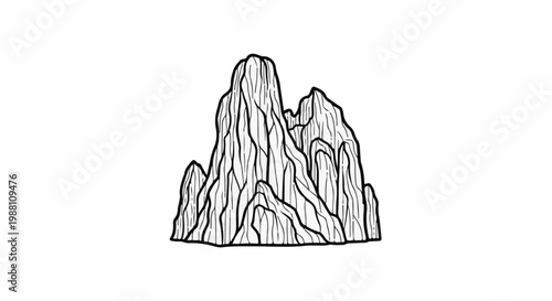 Stylized black and white drawing of a cluster of pointed rock formations
