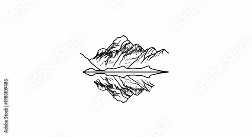Minimalist outline of rugged mountains reflected in calm water