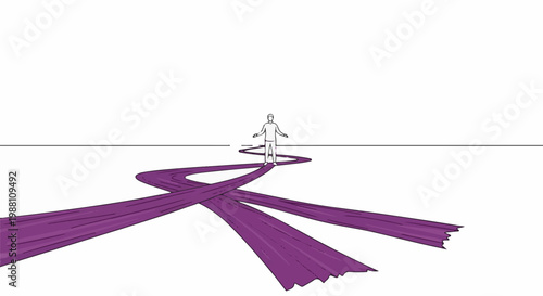 Person stands at a junction of purple paths, unsure which way to turn
