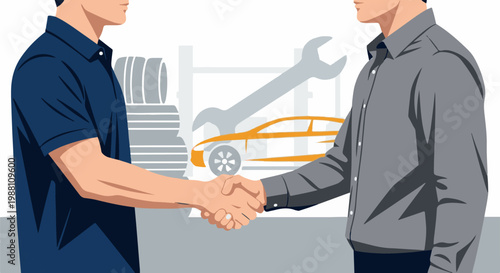 Two men shake hands in front of a car repair shop with tools