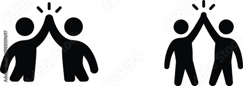 High five icon set with two people giving a celebratory gesture, simple black silhouette symbol for teamwork, collaboration, agreement, and success partnership vector illustration.