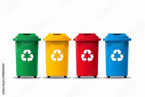 Four different colored bins for separating garbage and promoting environmental conservation