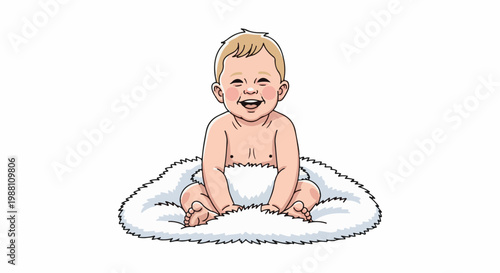 Joyful baby with blonde hair sits on fluffy white material