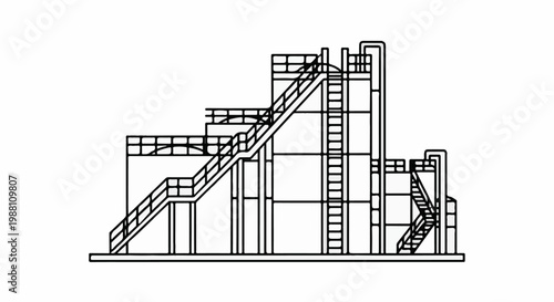 Industrial facility with multiple elevated platforms and stairways, drawing