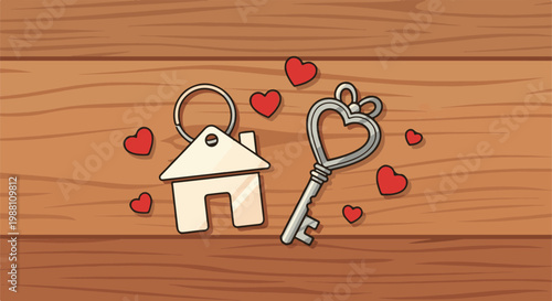 Cozy home key and heart ornaments on a rustic wooden background