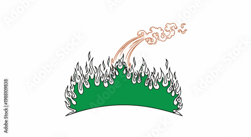 Green grass on fire with orange smoke plumes rising upwards