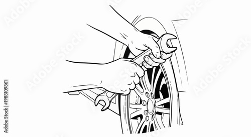 Hands using wrenches to tighten lug nuts on a car wheel