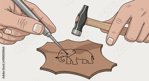 Hands carve an elephant design into a piece of leather with tools