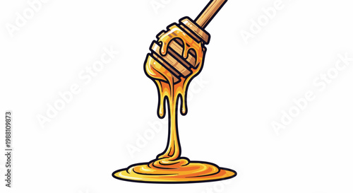 Honey dripping from a wooden dipper onto a pool of liquid gold