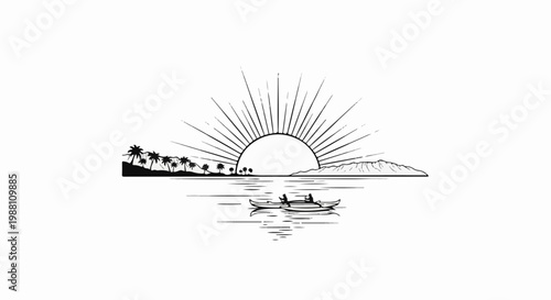 Sunrise over ocean with palm trees, mountains, and two canoes