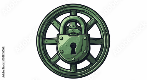 Green metal wheel with a locked padlock at its center