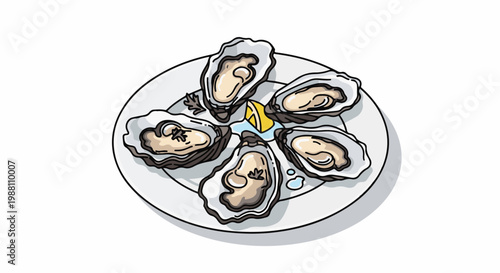Five fresh oysters served on a white plate with a lemon wedge
