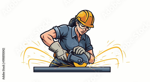 Female worker wearing hard hat and safety glasses, using an angle grinder on metal