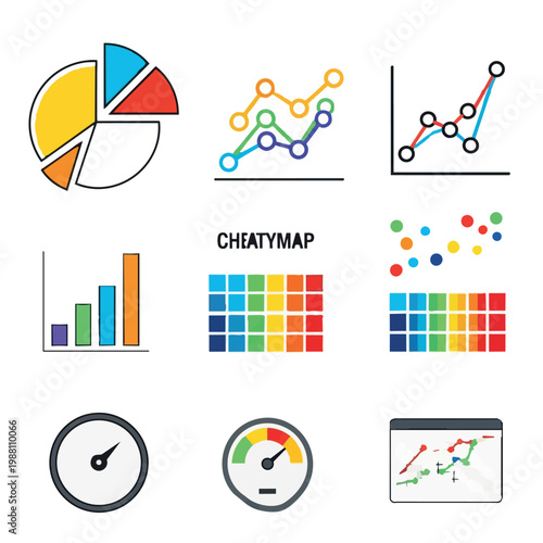 Colorful business data analysis icons with pie chart, line graphs, bar charts, cheat sheet and dashboard vector set