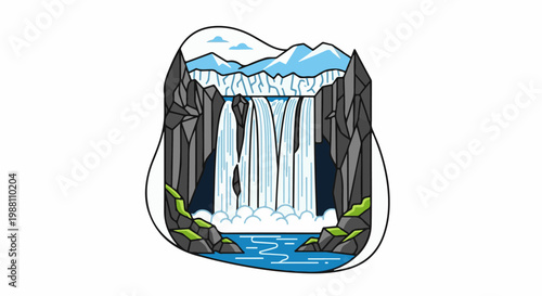 Majestic waterfall tumbles down rocky cliffs under snow-capped mountains