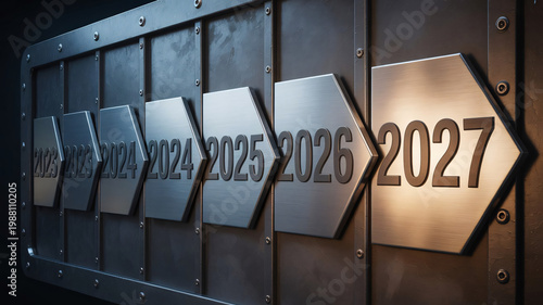 Metallic arrows display years leading to 2027 on a textured wall.
