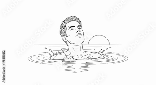 Man emerges from water with head tilted back, eyes closed, against a simple horizon