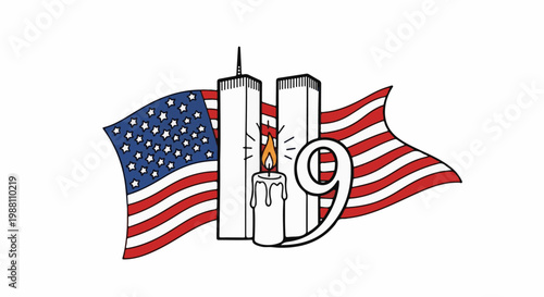 Memorial graphic with twin towers, flag, candle, and numeral