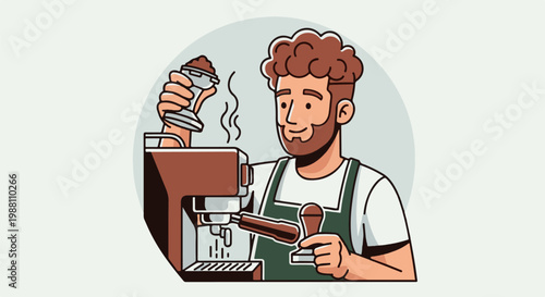 Cartoon barista preparing a fresh, steaming coffee drink with equipment