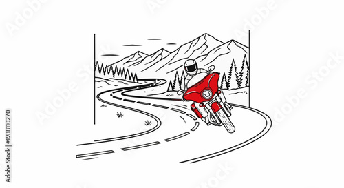 Motorcycle rider on a winding road through mountains and forests
