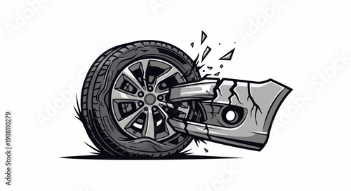 Broken car wheel with tire in gray and black tones, with fragments flying